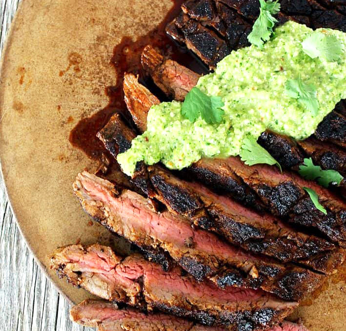 Espresso Flank Steak with Green Chile Pesto Rocky Mountain Olive Oil