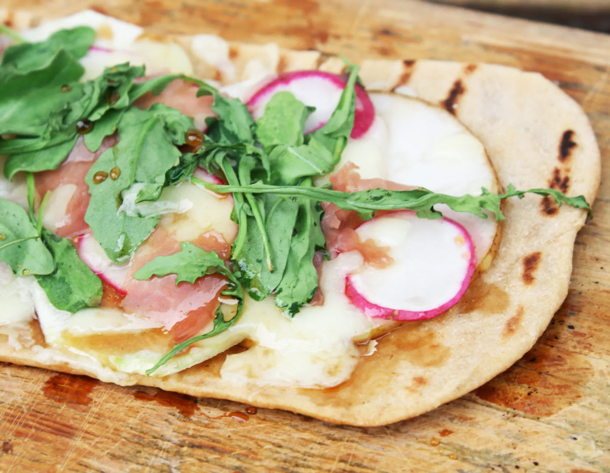 Grilled Pear + Prosciutto Flatbread Pizza with Black Currant Balsamic