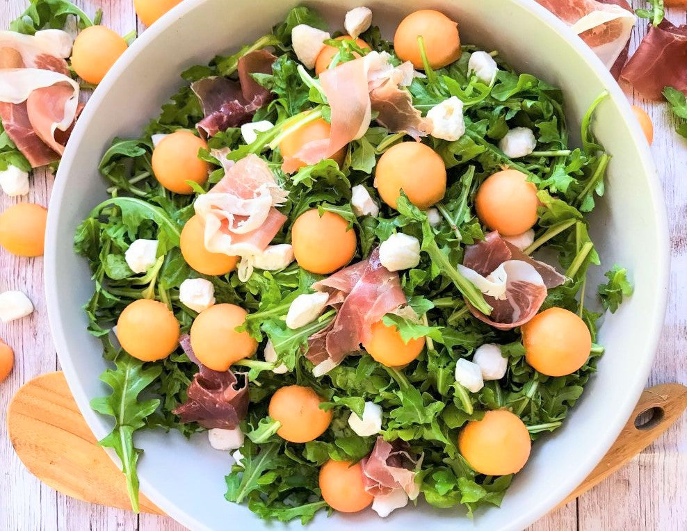 Melon & Prosciutto Salad with Peach-Lemon Vinaigrette