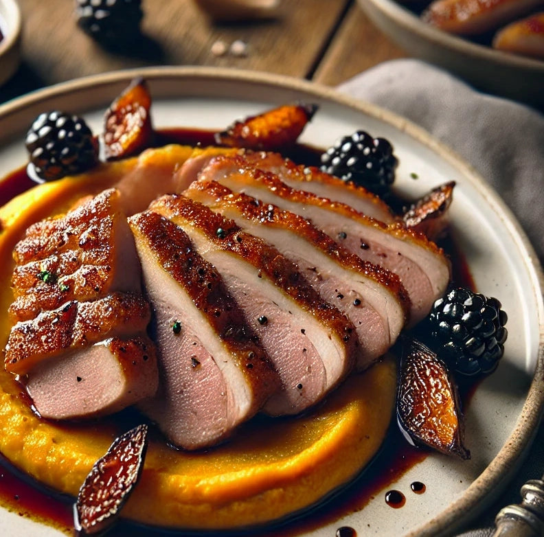 Blackberry Ginger Glazed Duck Breast with Sweet Potato Purée