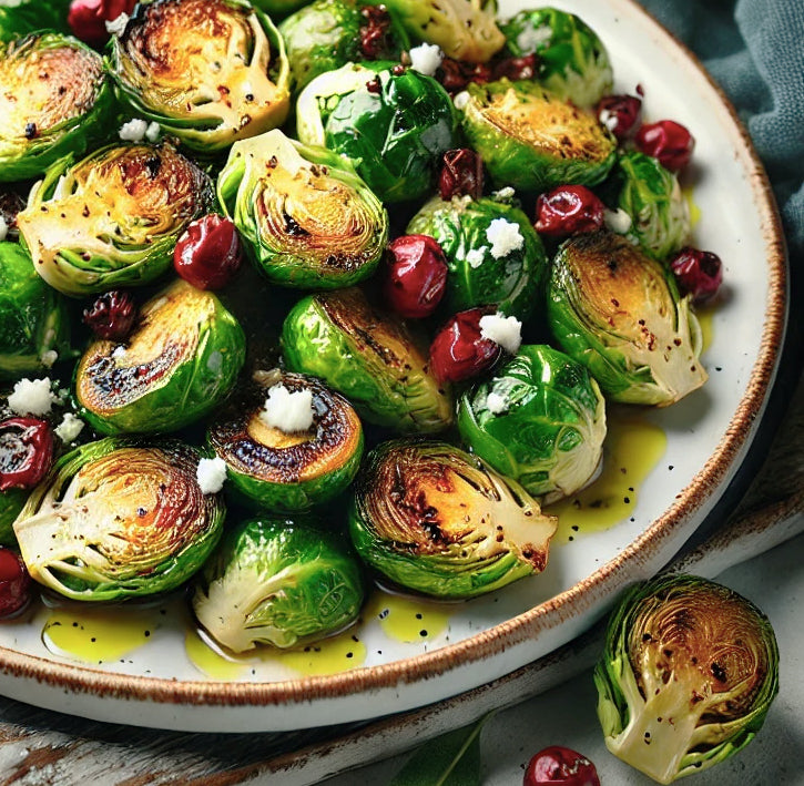 Cranberry Pear Balsamic & Wild Mushroom Sage Roasted Brussels Sprouts