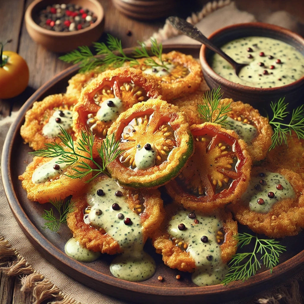 Fried Green Tomatoes with Creamy Madagascar Black Peppercorn Dressing