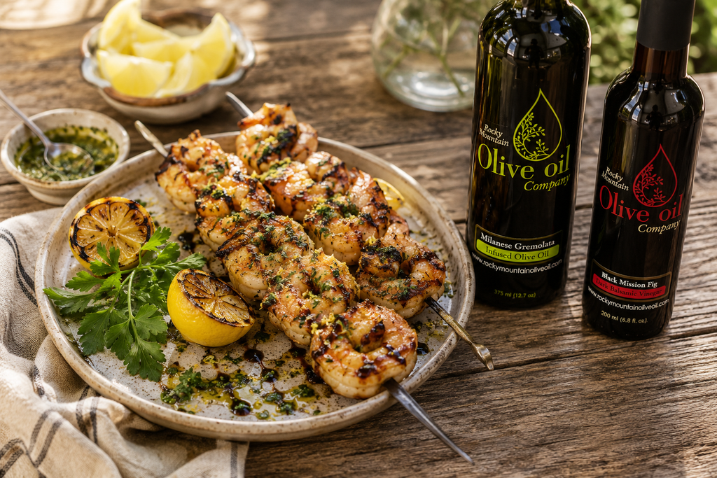 Lemon Herb Grilled Shrimp Skewers with Fig Balsamic Drizzle