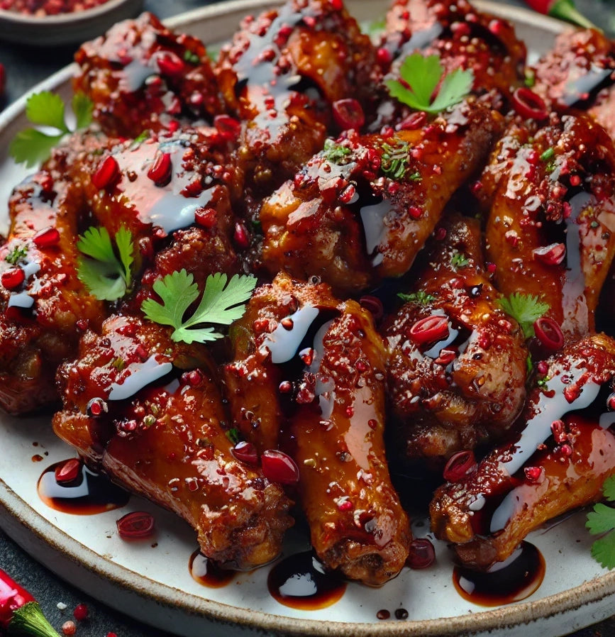 Pomegranate Balsamic & Cayenne Chili Glazed Chicken Wings