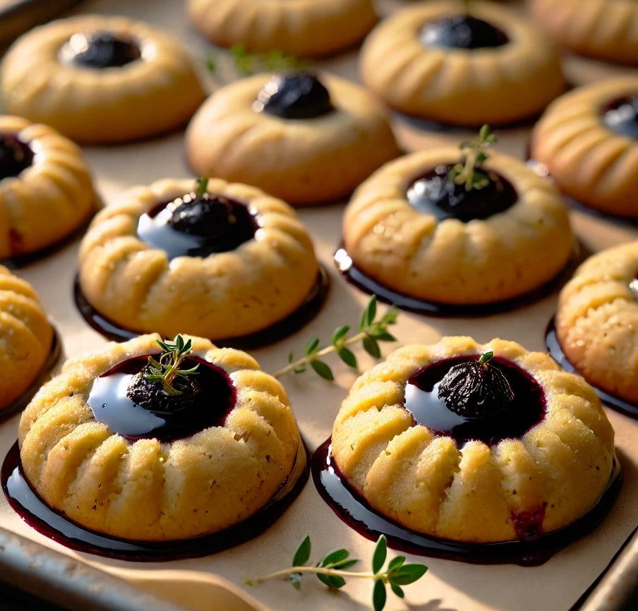 Thyme Thumbprint Cookies with Black Currant Balsamic Reduction