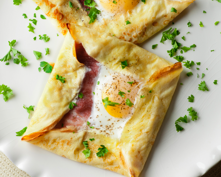 Spinach Ham Gruyere Crepes with Eggs